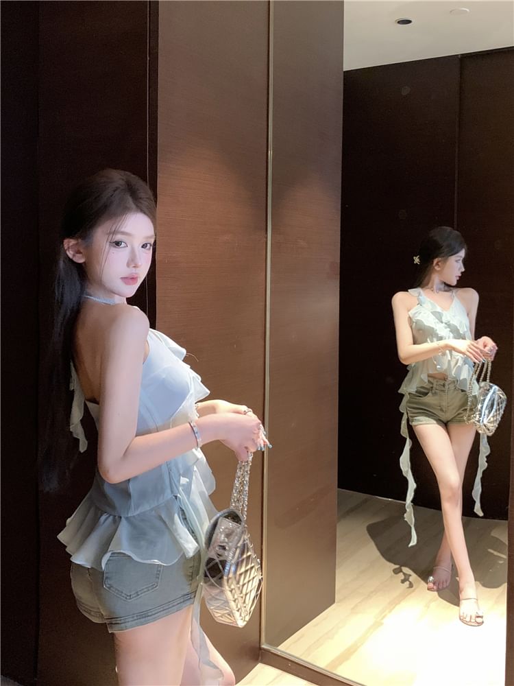 Asymmetrical Top Halter-Neck Tie-Dyed Ruffled