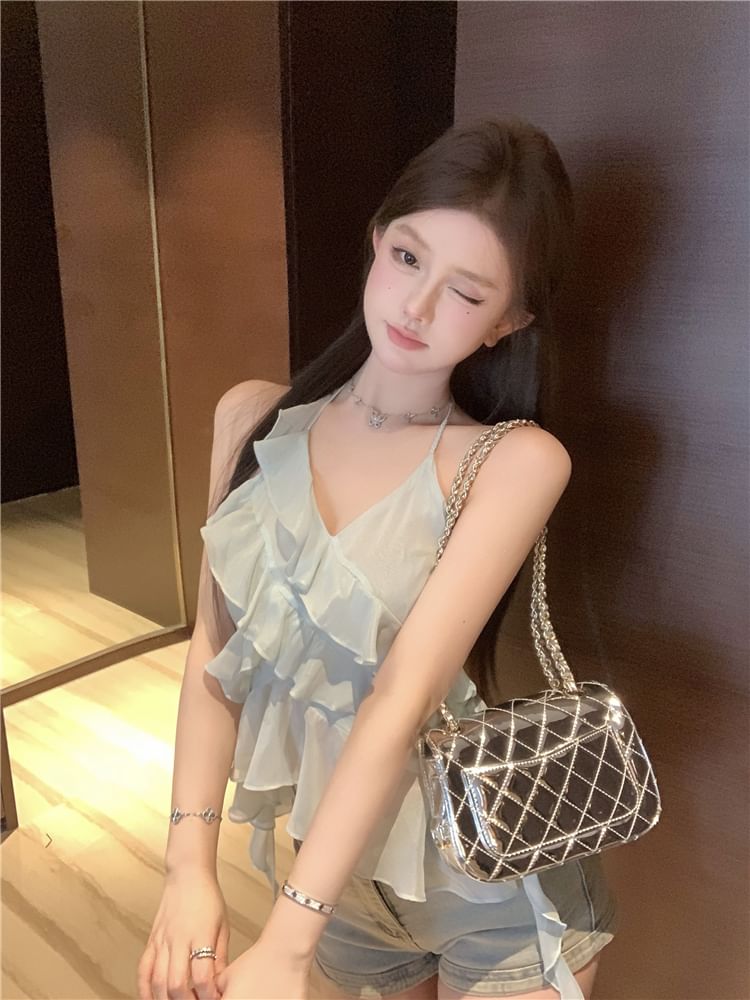 Asymmetrical Top Halter-Neck Tie-Dyed Ruffled