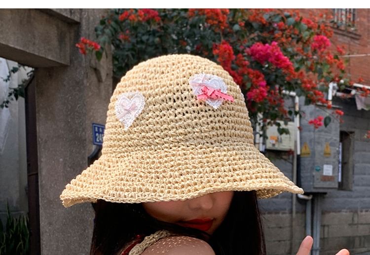 Applique Heart Straw Hat