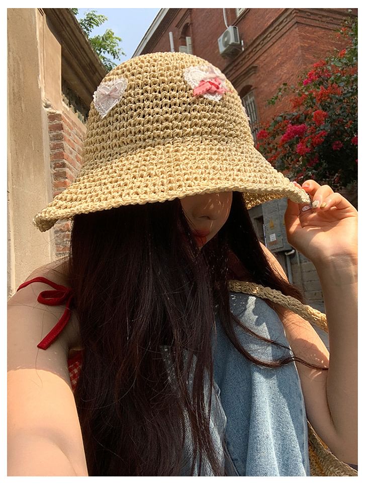 Applique Heart Straw Hat