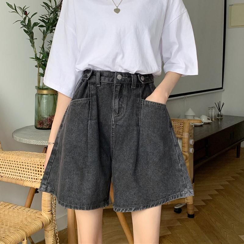 High Waist Washed Wide Leg Denim Shorts