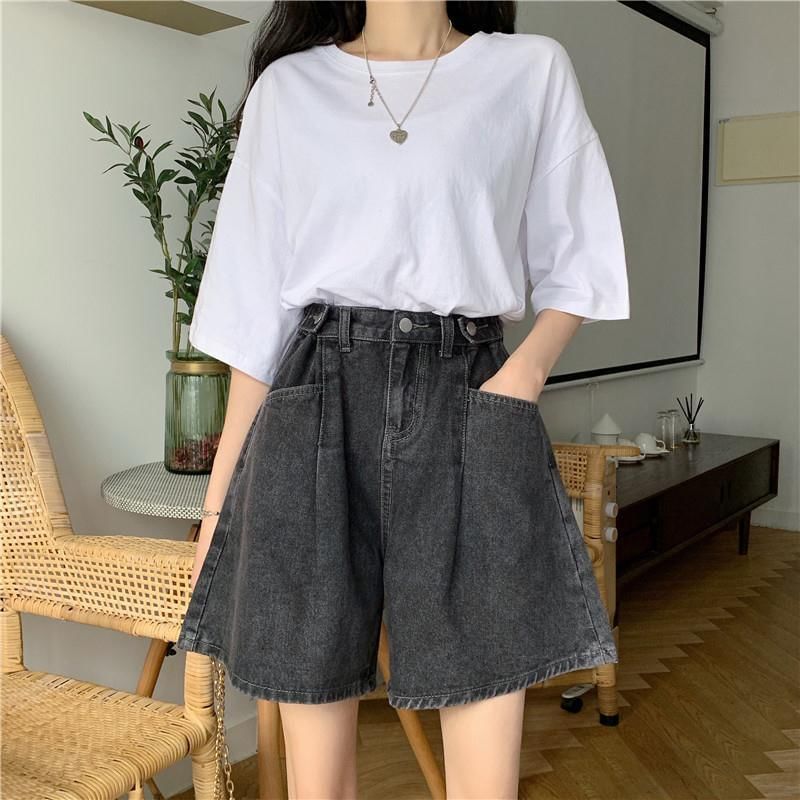 High Waist Washed Wide Leg Denim Shorts