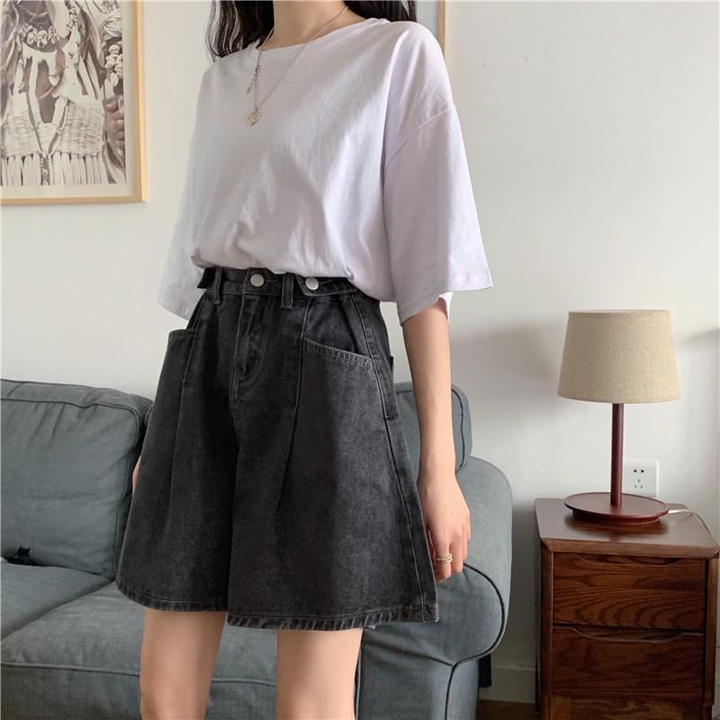 High Waist Washed Wide Leg Denim Shorts