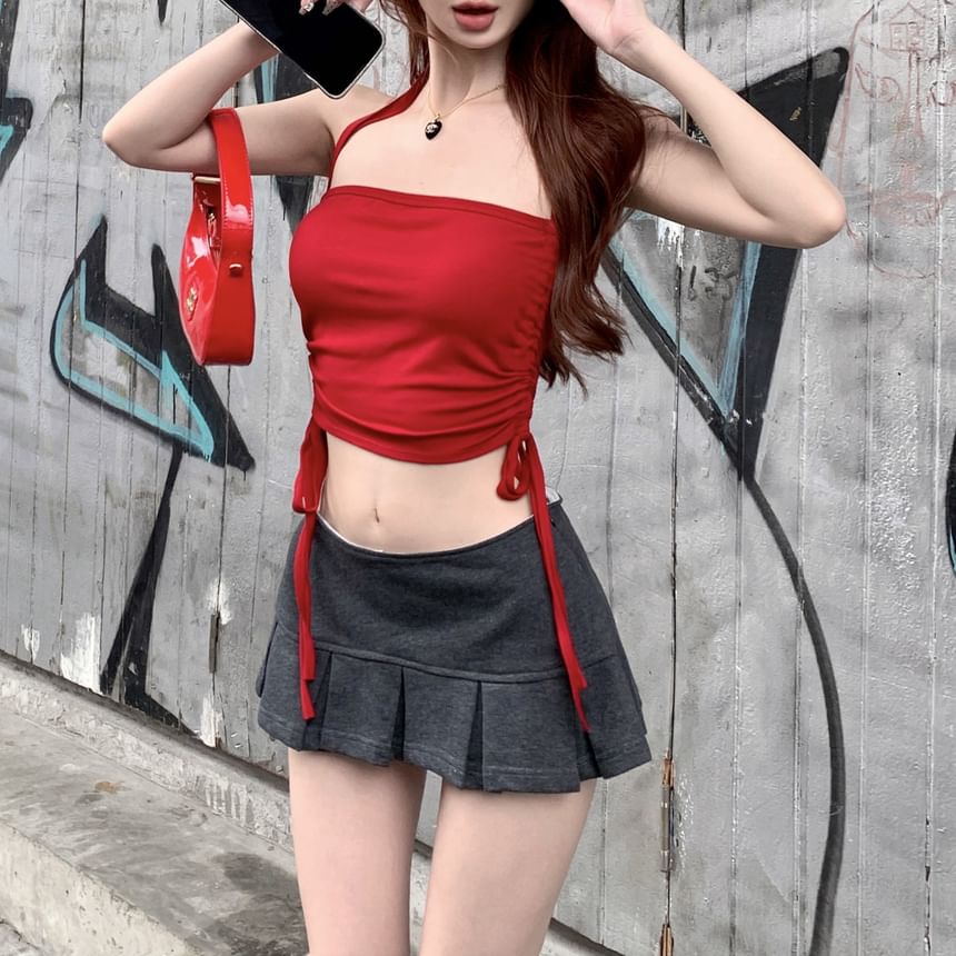Crop Skirt Top Plain A-Line Waist Drawstring Mid Mini Halter / Pleated