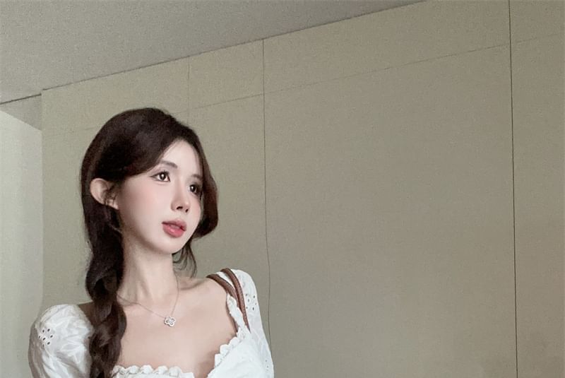 A-Line / Embroidered Rise Skirt Neck Lace Tie Mini Short-Sleeve Blouse Eyelet Tiered High Square Front