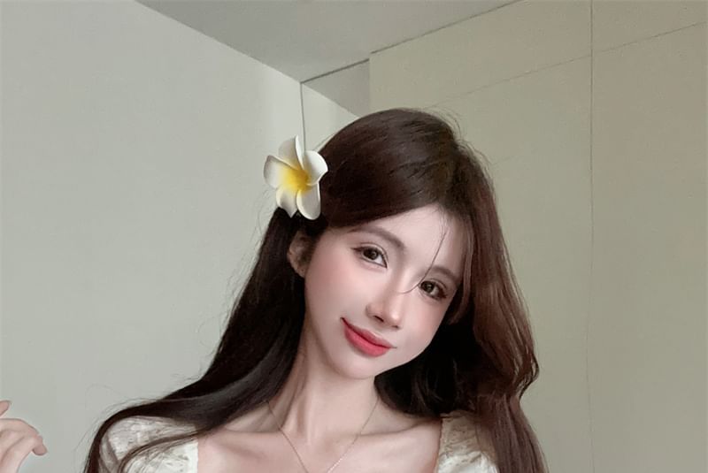 A-Line / Embroidered Rise Skirt Neck Lace Tie Mini Short-Sleeve Blouse Eyelet Tiered High Square Front