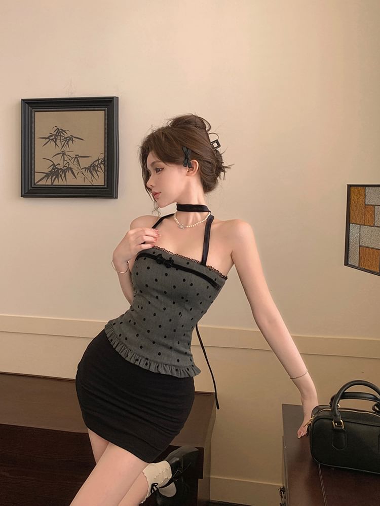 Dotted Bow Top Ruffle Trim Halter-Neck