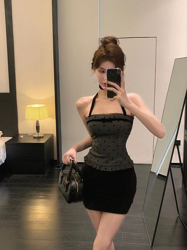 Dotted Bow Top Ruffle Trim Halter-Neck