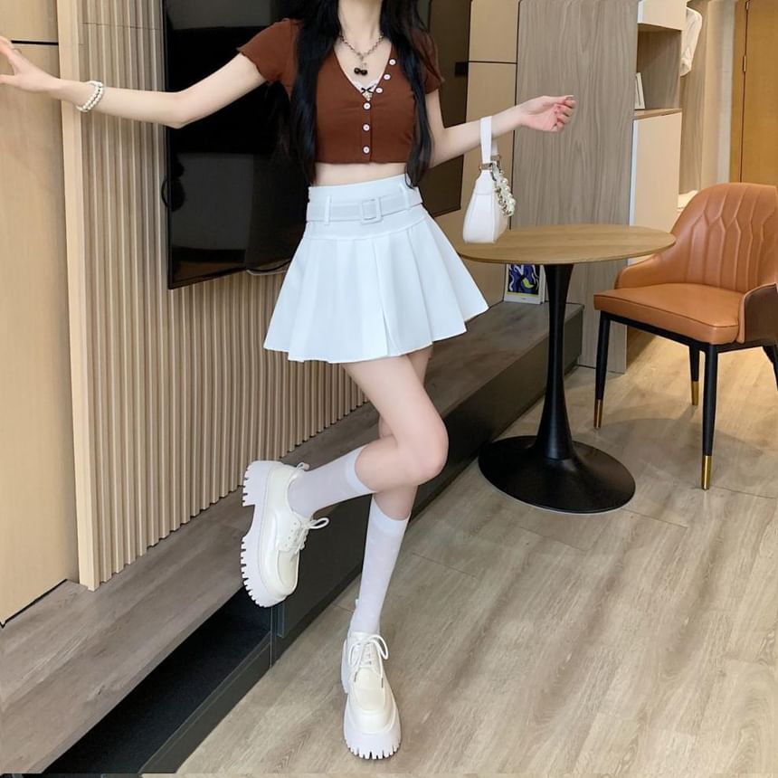 Skirt Mini Plain A-line Pleated Waist Undershorts Belt / Set High