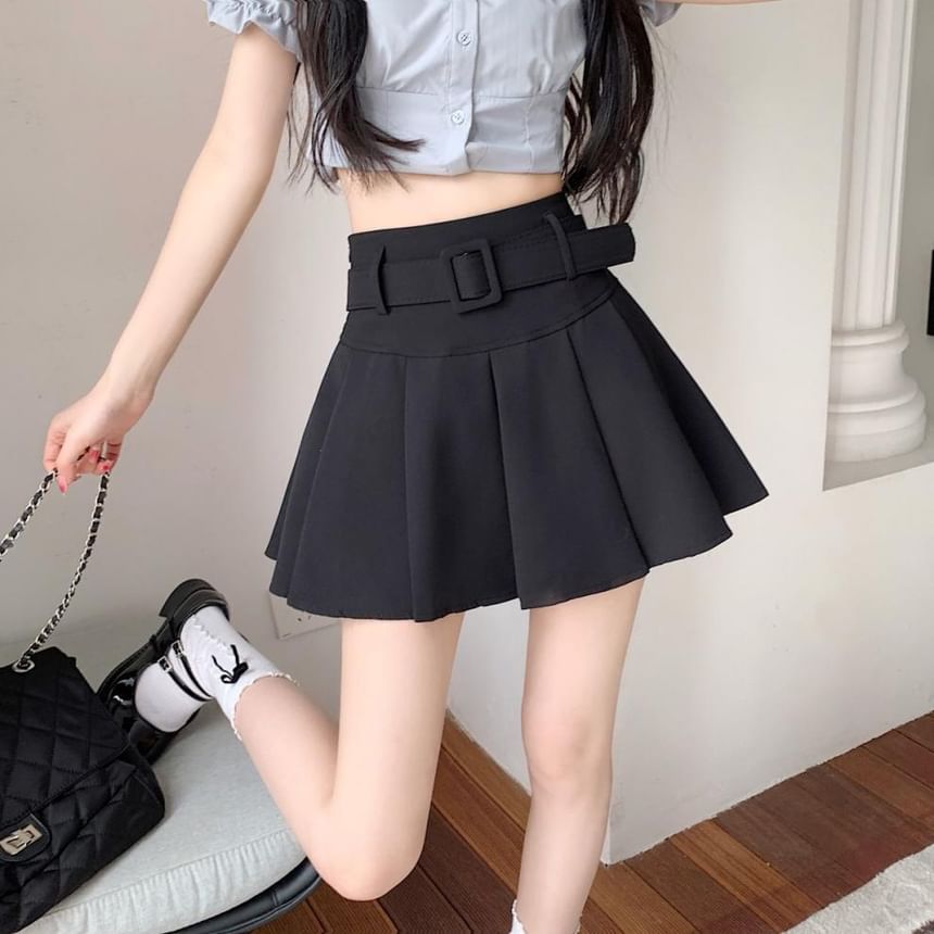 Skirt Mini Plain A-line Pleated Waist Undershorts Belt / Set High