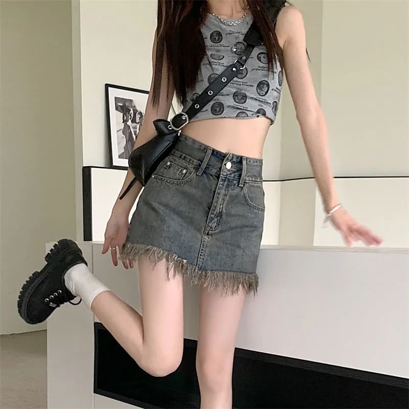 Hem Waist High Fringed Pencil Mini Denim Skirt