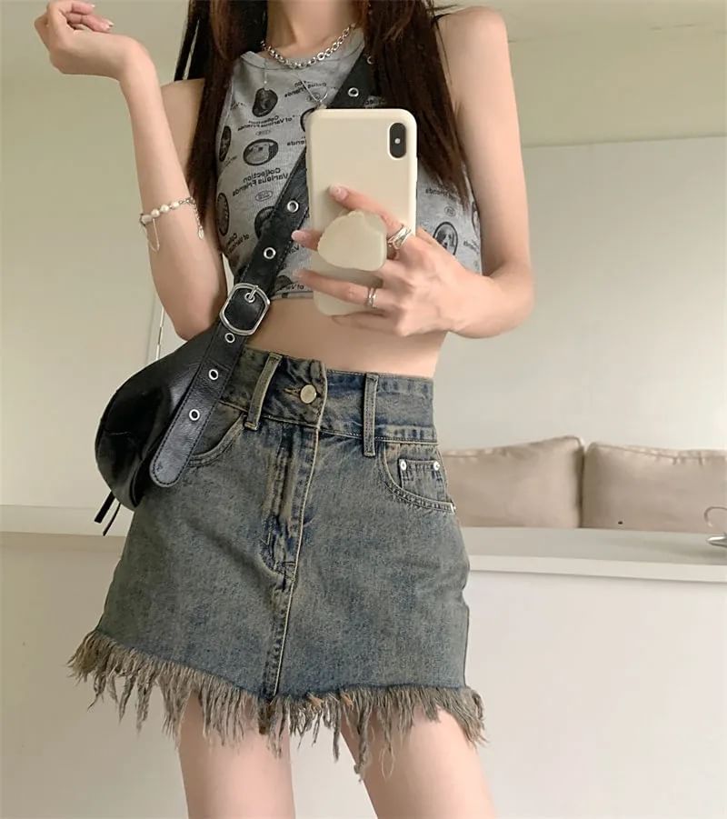 Hem Waist High Fringed Pencil Mini Denim Skirt