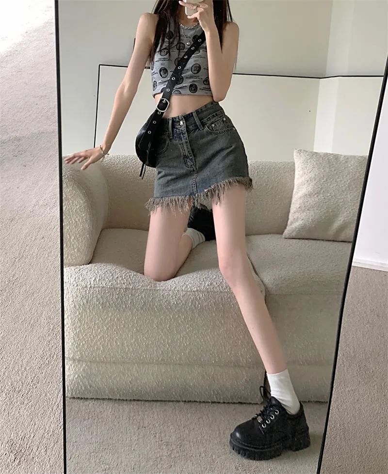 Hem Waist High Fringed Pencil Mini Denim Skirt