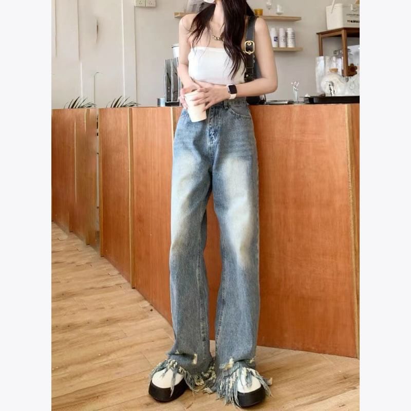 High Ripped Waist Leg Wide Jeans