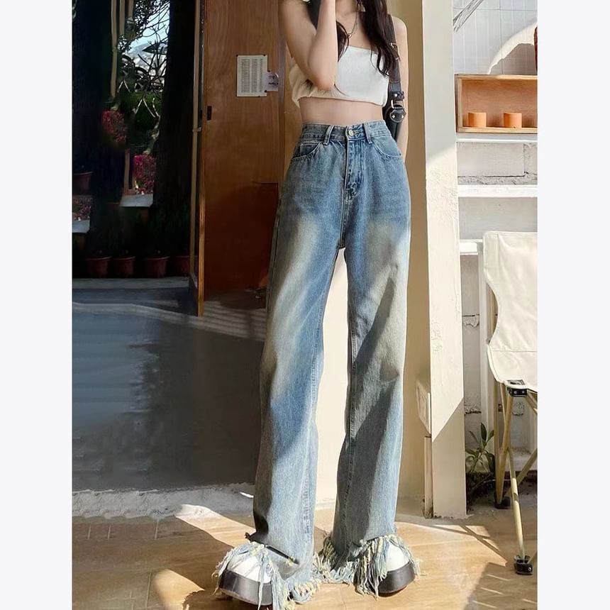 High Ripped Waist Leg Wide Jeans