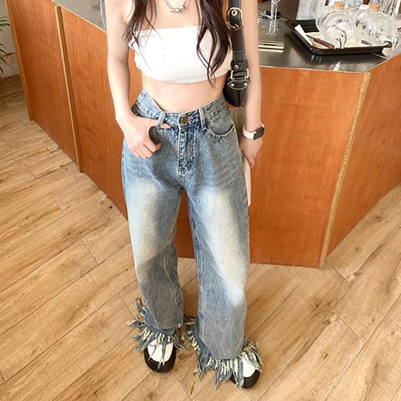 High Ripped Waist Leg Wide Jeans