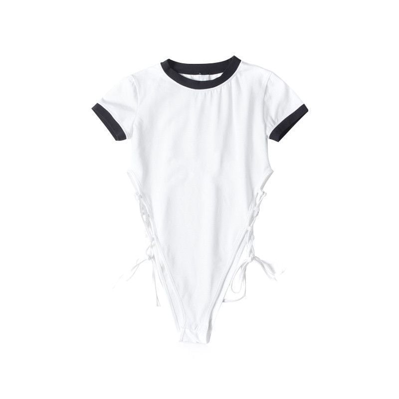 Neck Lace-Up Plain Short-Sleeve Crew Bodysuit Top
