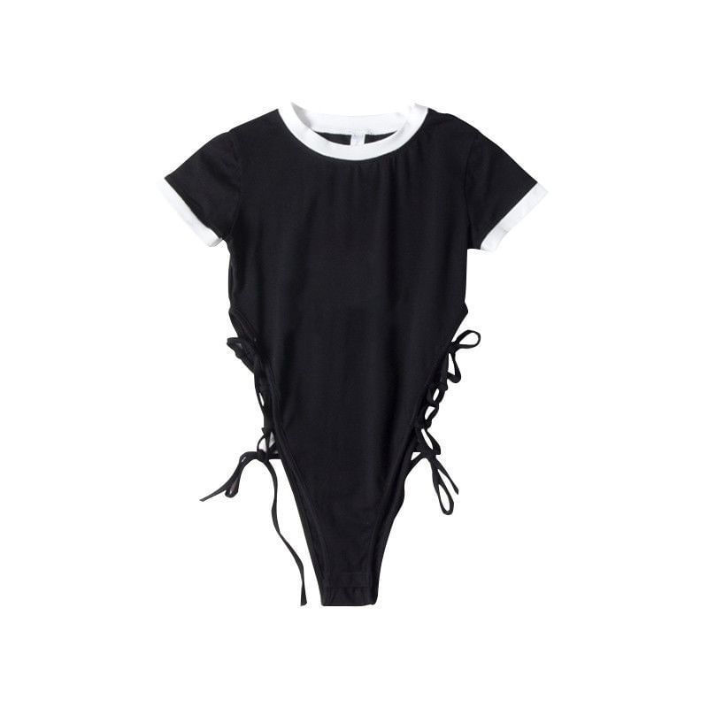 Neck Lace-Up Plain Short-Sleeve Crew Bodysuit Top
