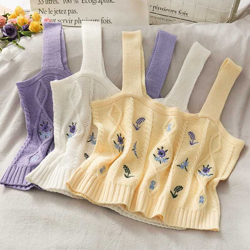 Cropped Camisole Flower Top Knit Embroidered