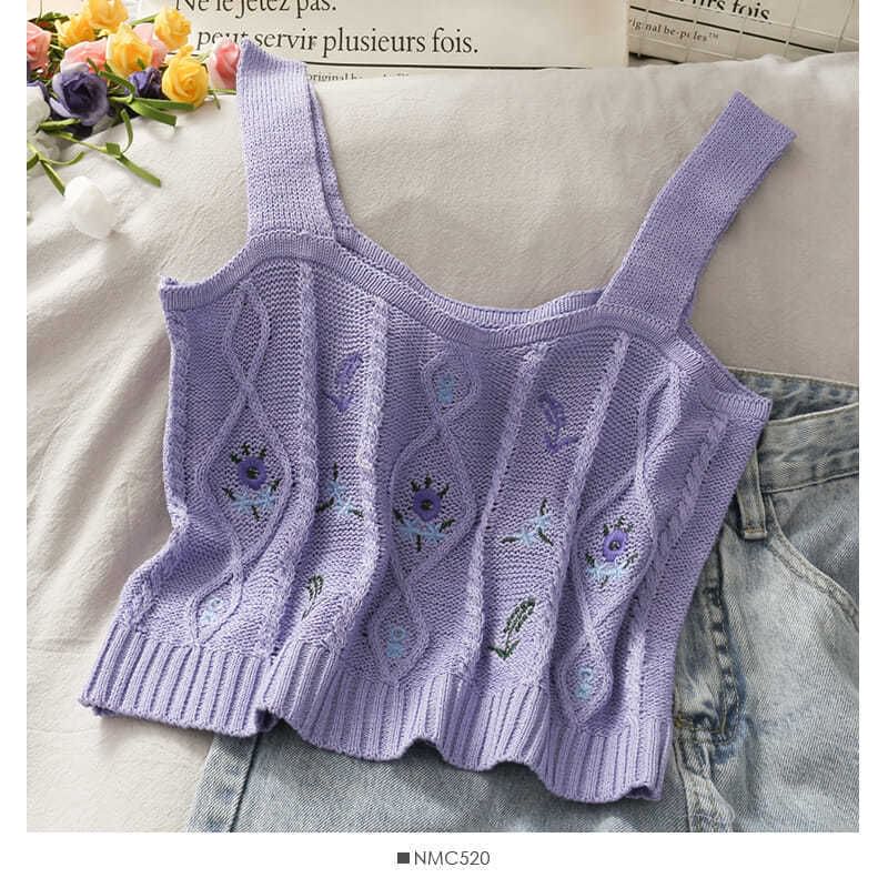 Cropped Camisole Flower Top Knit Embroidered