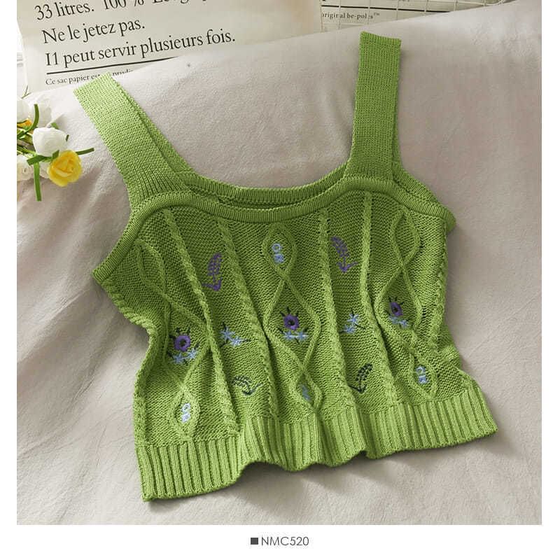 Cropped Camisole Flower Top Knit Embroidered