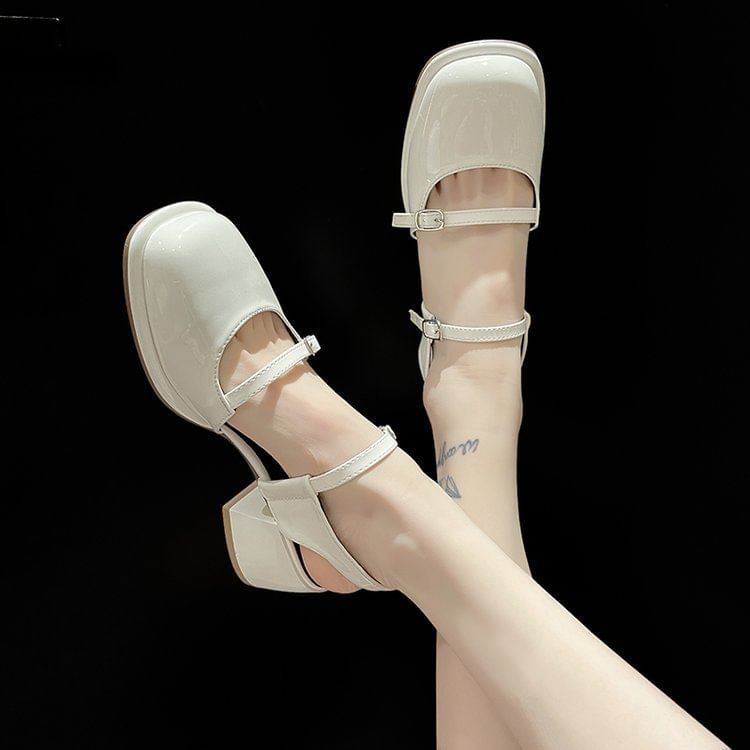 Toe D'Orsay Pumps Patent Heel Square Slingback Jane Block Mary Leather