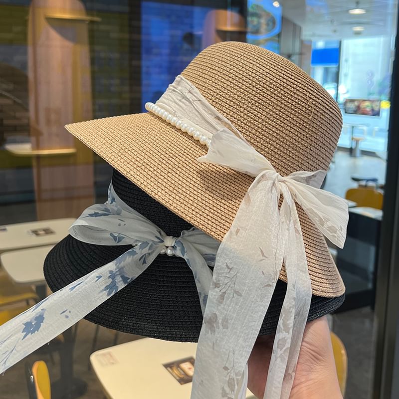 Straw Bucket Faux Hat Pearl Bow