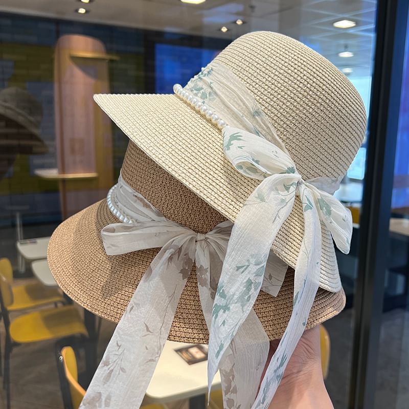 Straw Bucket Faux Hat Pearl Bow