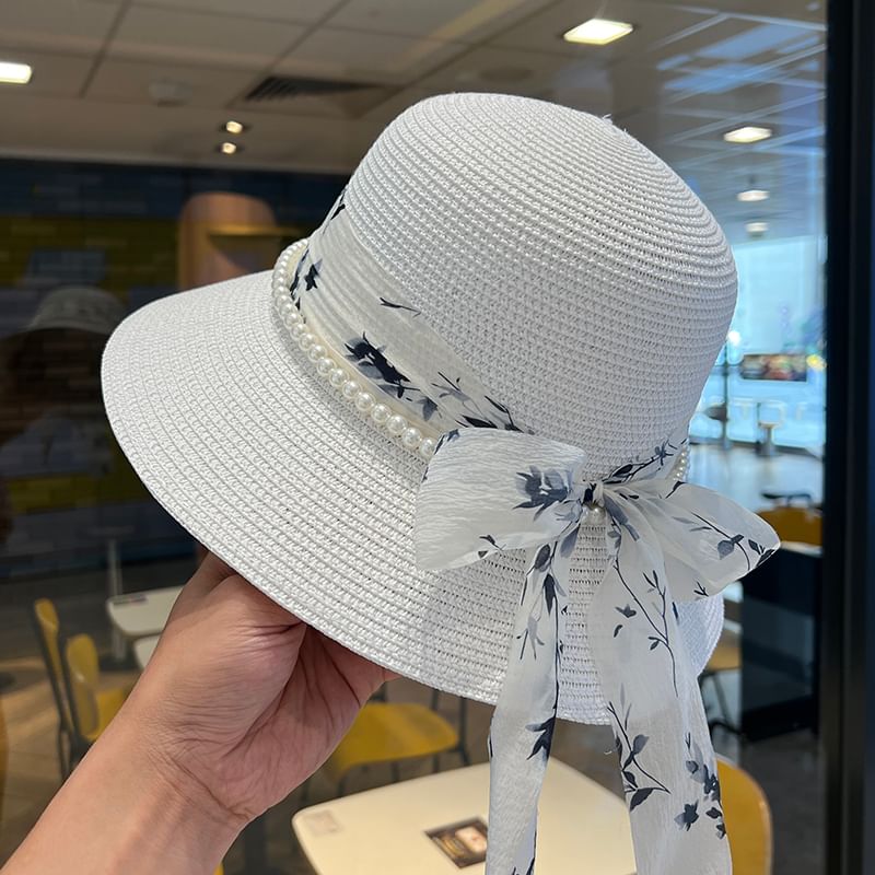 Straw Bucket Faux Hat Pearl Bow