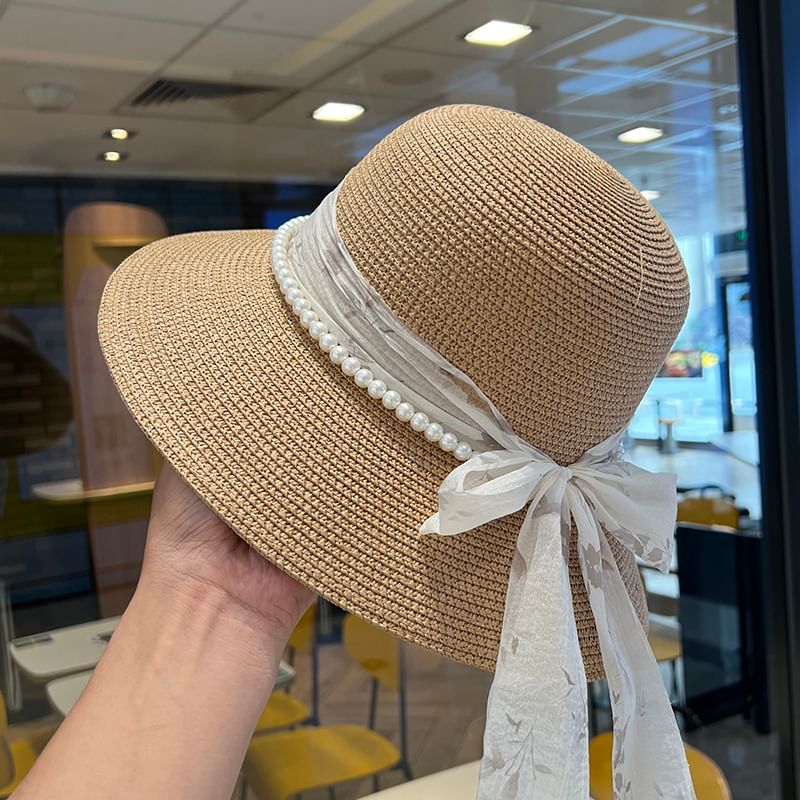 Straw Bucket Faux Hat Pearl Bow