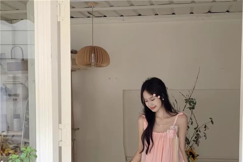 Spaghetti Plain Maxi Detail Flower Sundress Strap