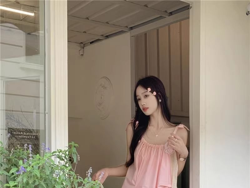 Spaghetti Plain Maxi Detail Flower Sundress Strap