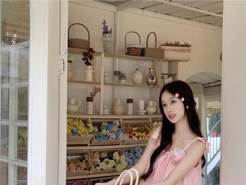 Spaghetti Plain Maxi Detail Flower Sundress Strap