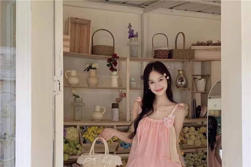 Spaghetti Plain Maxi Detail Flower Sundress Strap