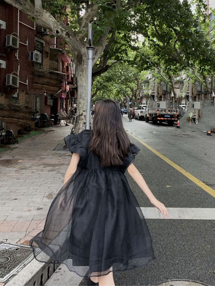 Dress Panel Plain Smock Short-Sleeve Mesh