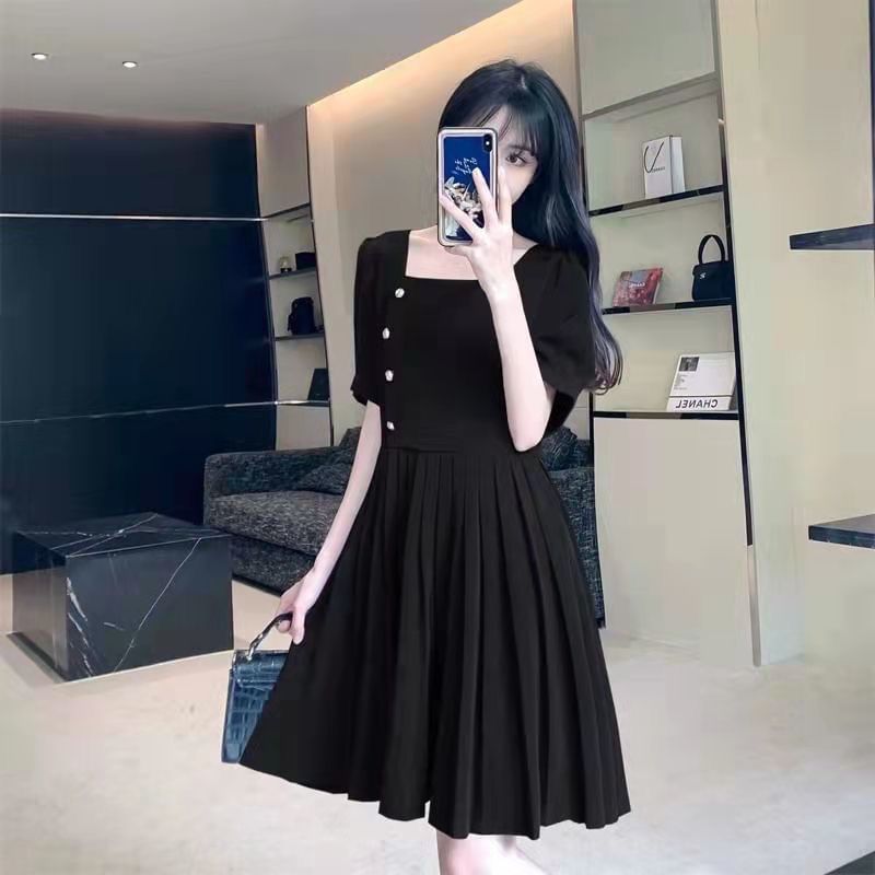 Neck A-Line Dress Square Plain Puff-Sleeve