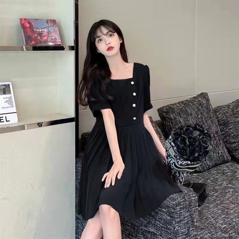 Neck A-Line Dress Square Plain Puff-Sleeve