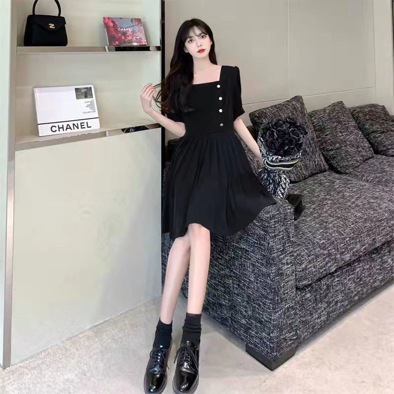 Neck A-Line Dress Square Plain Puff-Sleeve