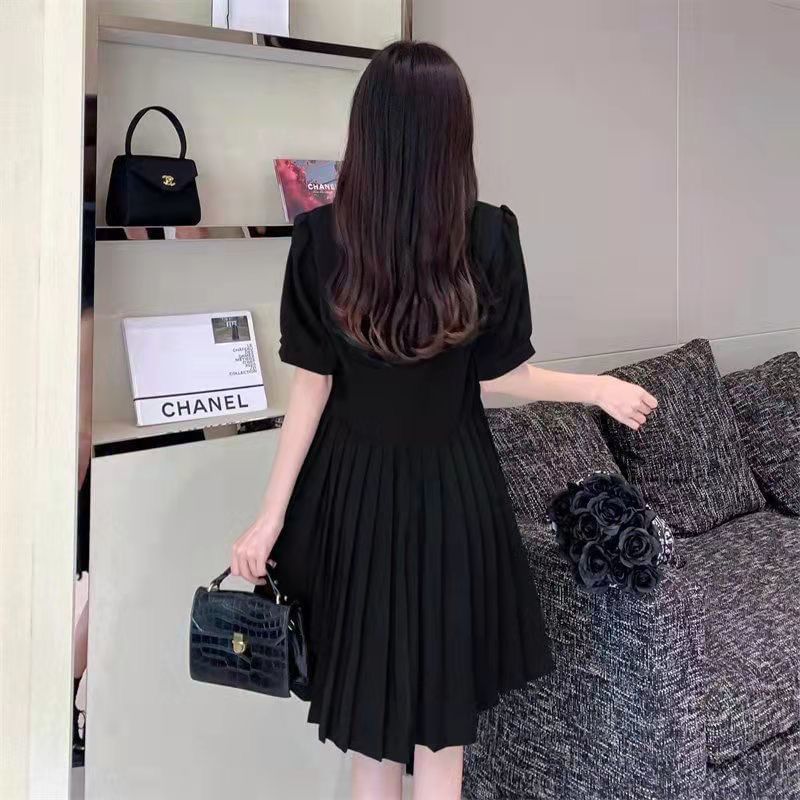 Neck A-Line Dress Square Plain Puff-Sleeve