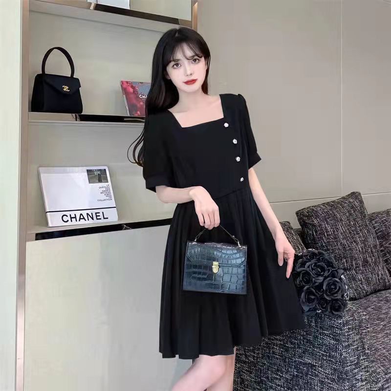 Neck A-Line Dress Square Plain Puff-Sleeve