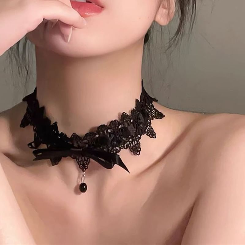 Bow Choker Bead Lace Pendant