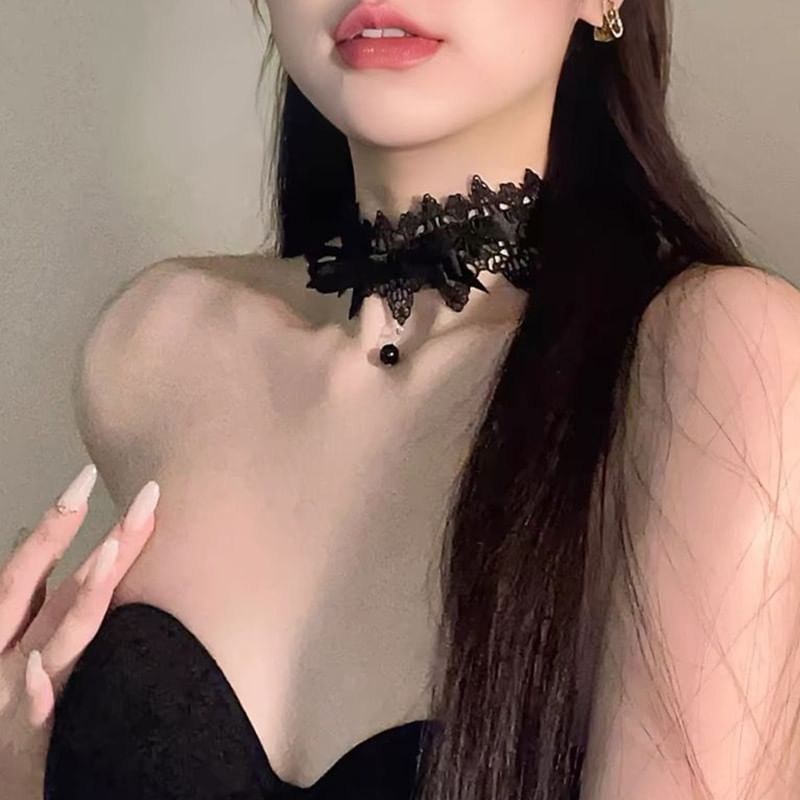 Bow Choker Bead Lace Pendant