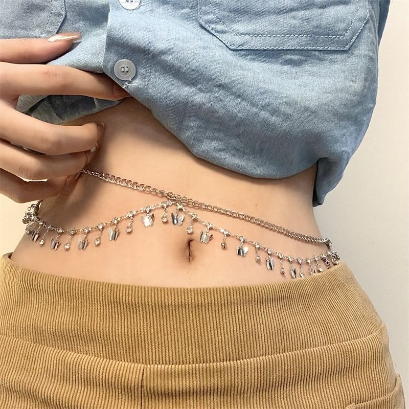 Layered Rhinestone Chain Fringed Waist