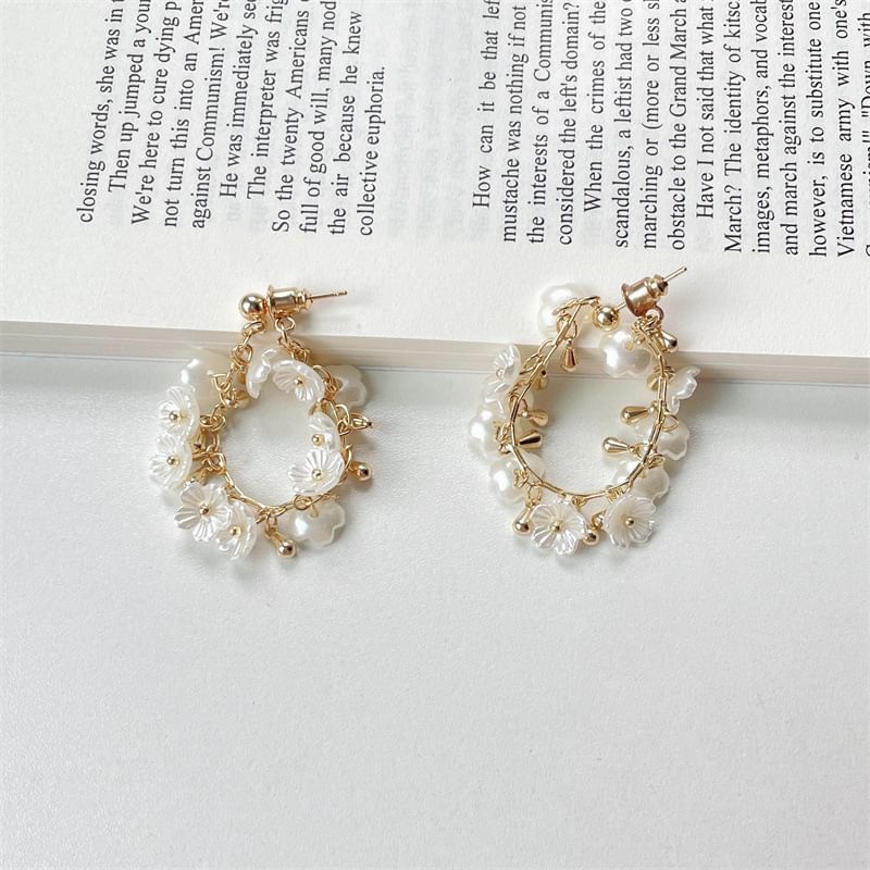 Floral Faux Pearl Earring Fringed Hoop