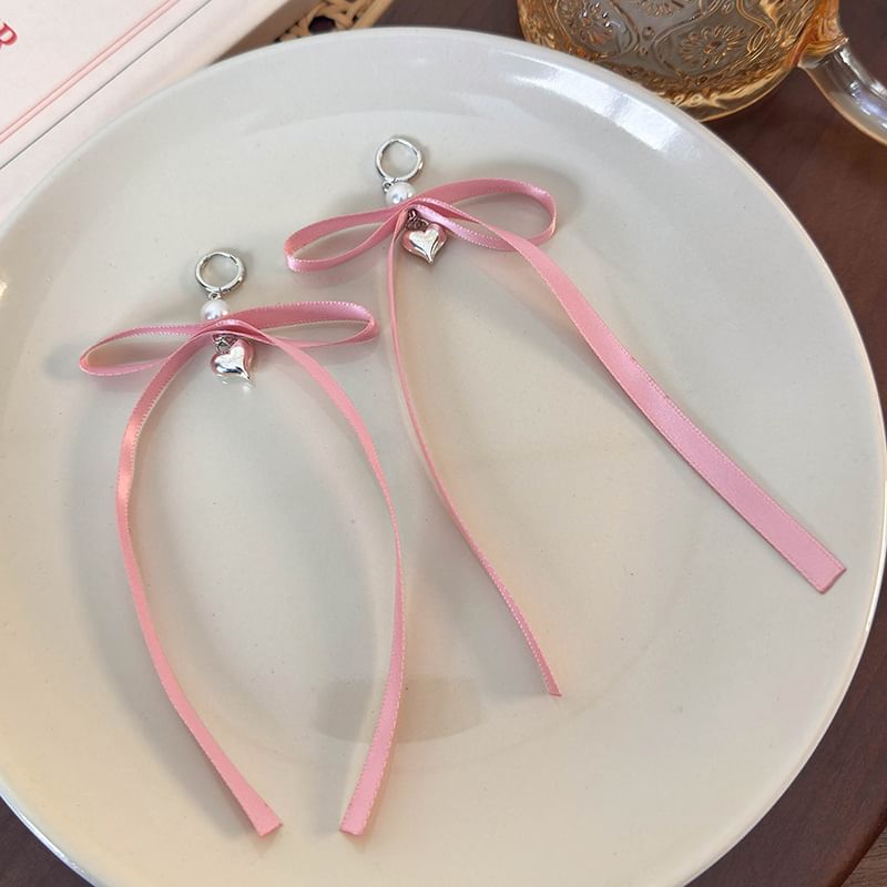 Heart Bow Fabric Drop Huggie Earring