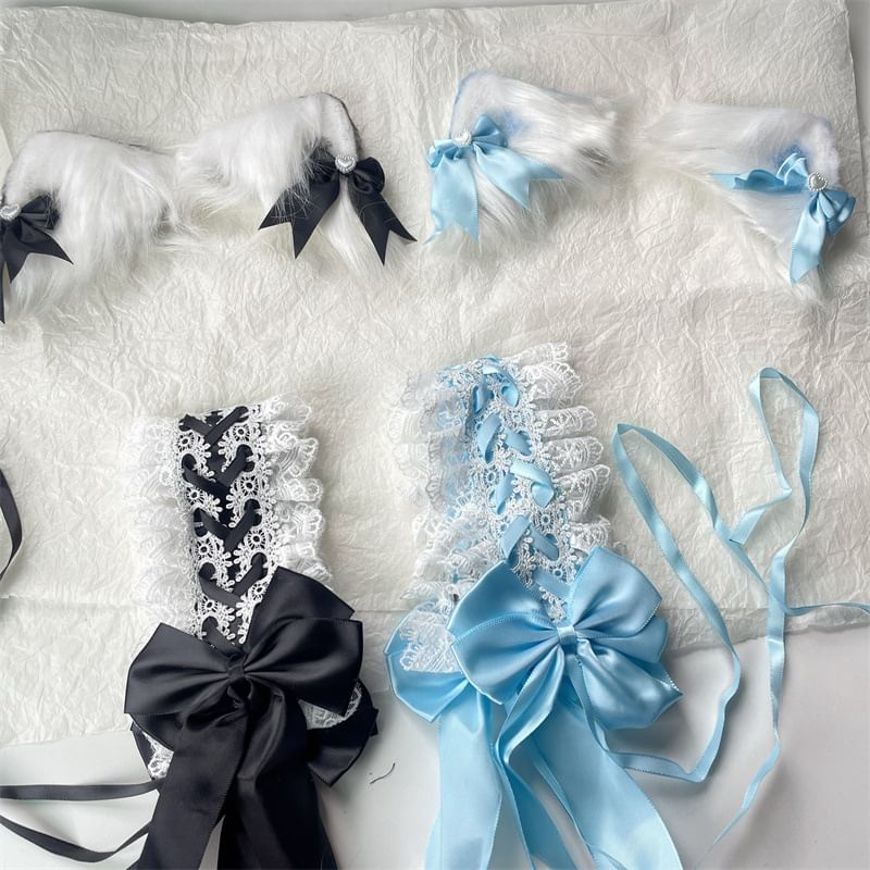 Cat Ear Fluffy Hair Clip / Bow Lace Headband
