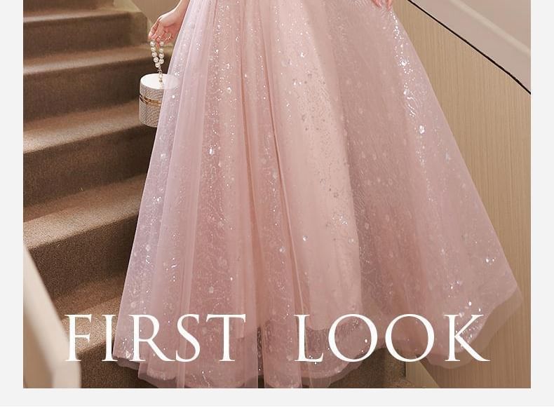 Evening A-Line Gown Glitter / Dress Short-Sleeve Mesh