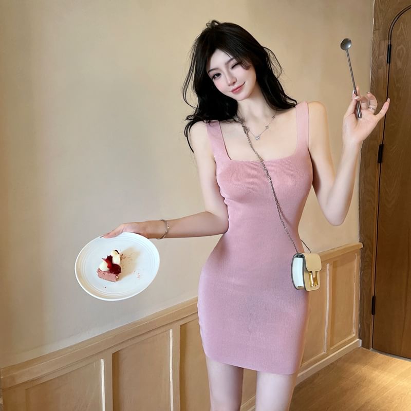 Plain Dress Sleeveless Neck Mini Square Knit Sheath