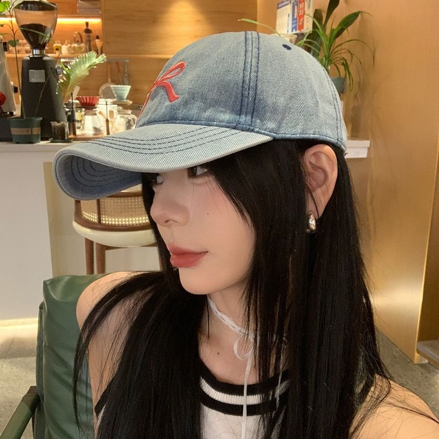 Embroidered Washed Bow Cap Baseball Denim