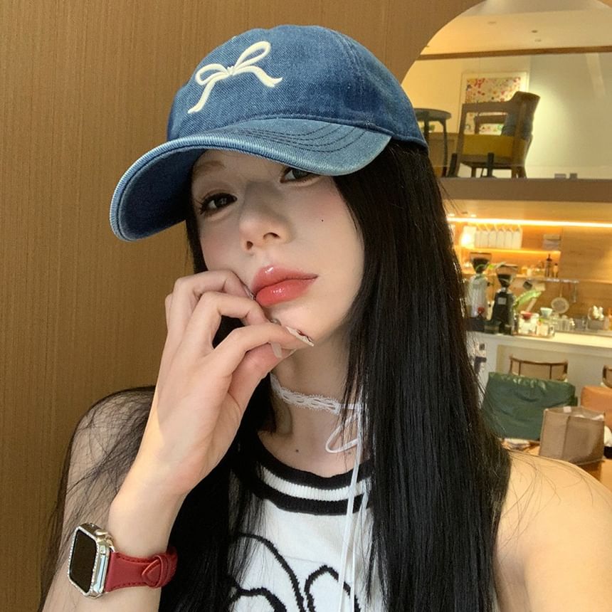 Embroidered Washed Bow Cap Baseball Denim
